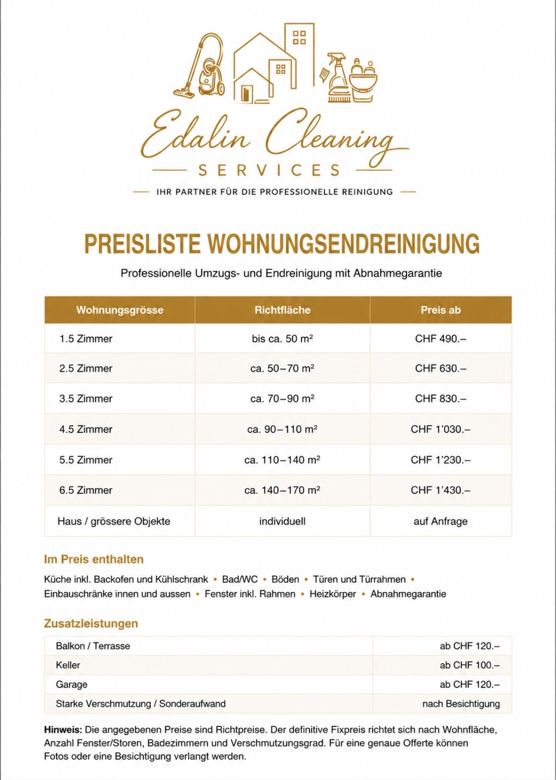 Preisliste Wohnungsendreinigung Edalin Cleaning Services